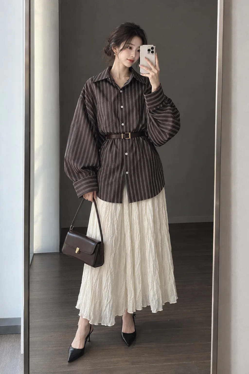 Brown Pinstripe Shirt, Beige Skirt & Crossbody Bag