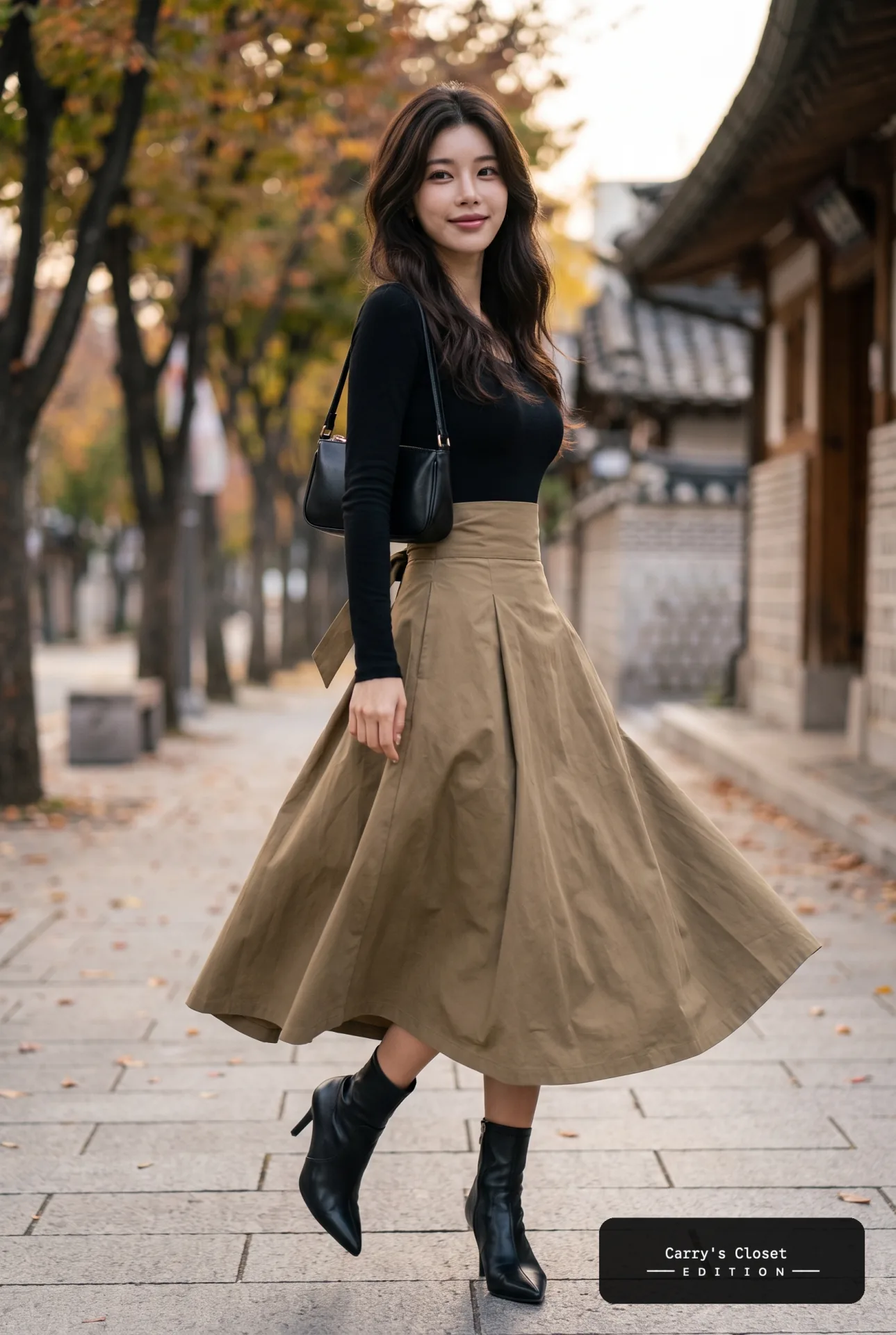 Khaki Belted Skirt, Hanok Edition