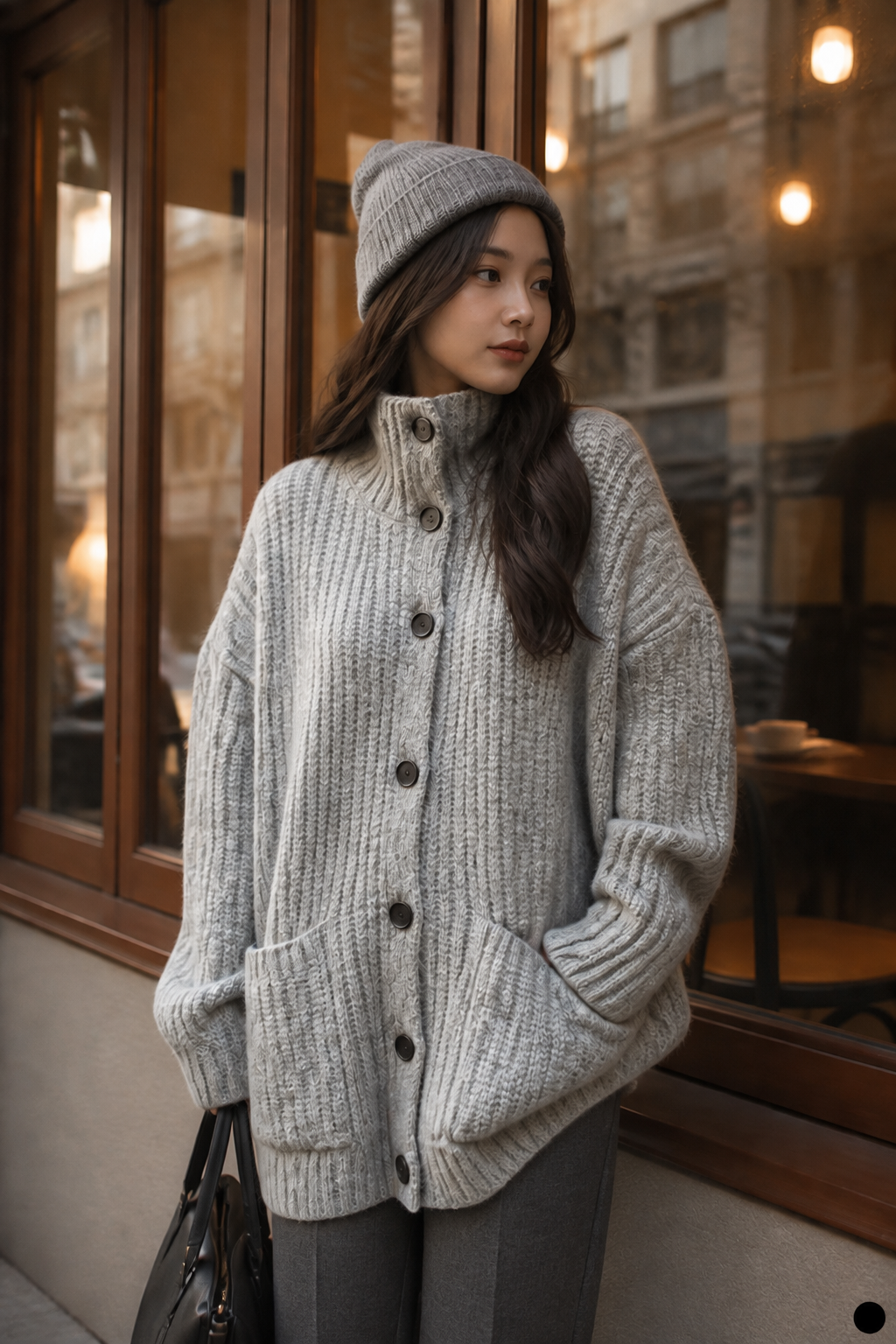 Soft Grey Cardigan Seoul Café