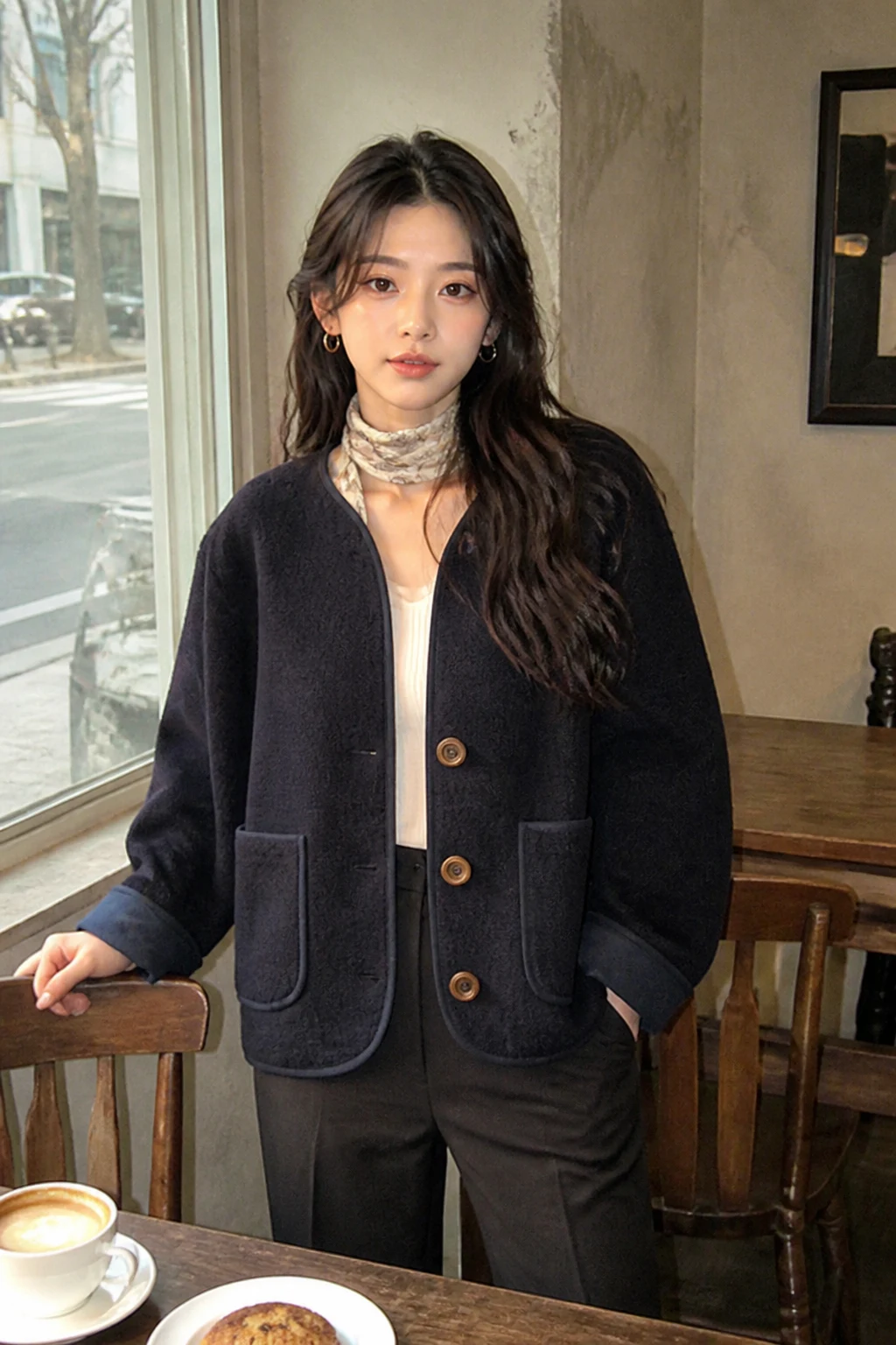 Navy Bouclé Cardigan Jacket, Seoul Café Look