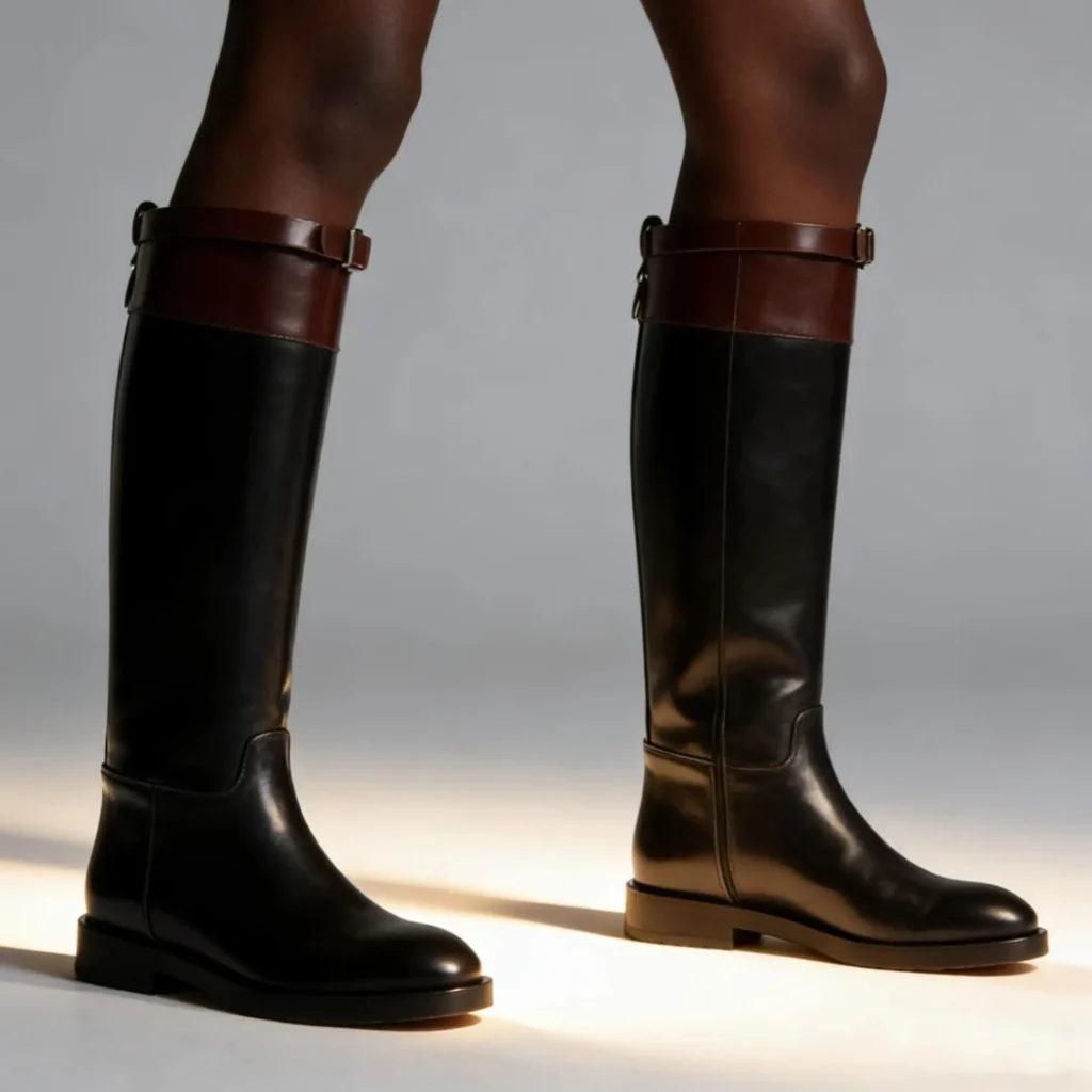 [FW26-025] Women's Black Knee High Riding Boots Fashion Color Block Flat Heel Long Boots Leather Slip-On Round Toe Boots
