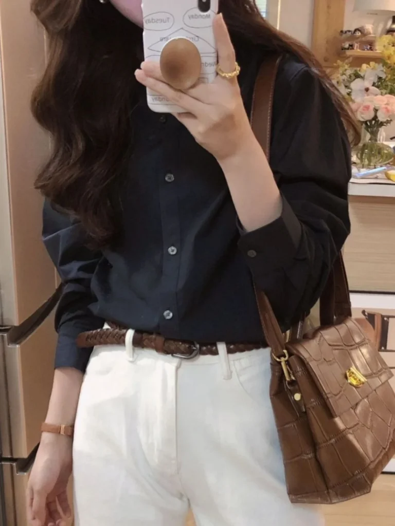 AliExpress 여성 블랙 루즈핏 폴로 셔츠