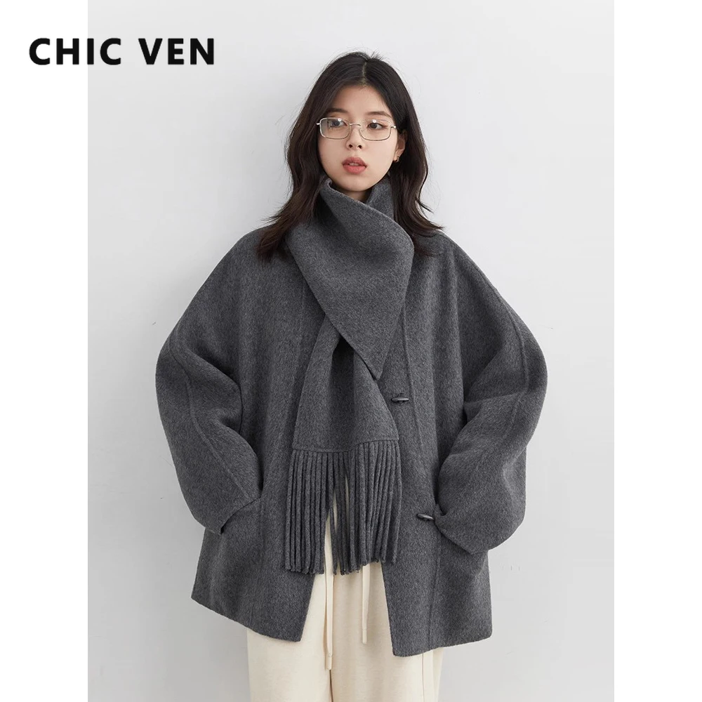[FW26-012] Charcoal Wool-Blend Cocoon Coat with Matching Scarf