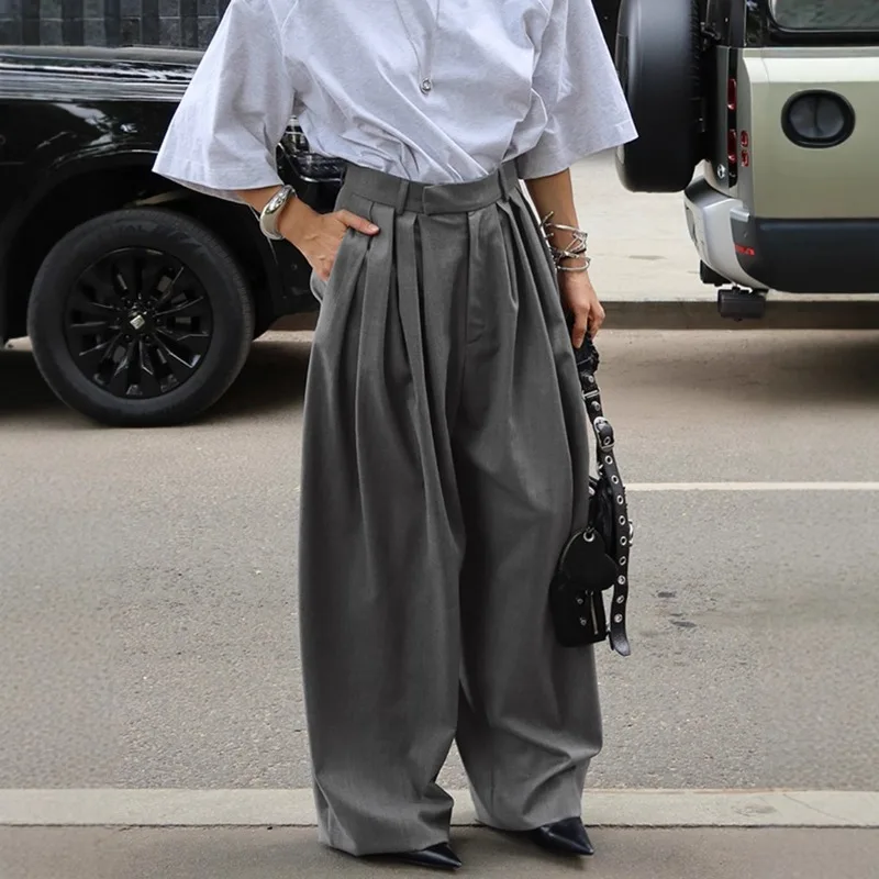 [FW26-009] Womens Grey Pleated Wide Leg Loose Fit Office Business Trousers Pants Spring Fall New Fashion Casual Chic Eleg