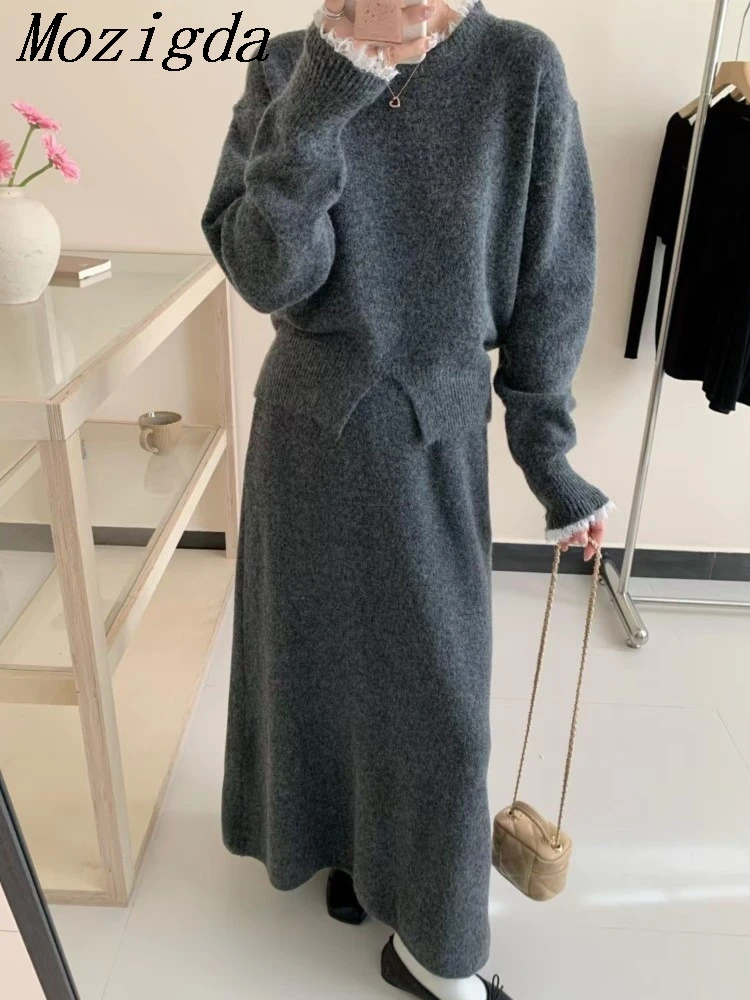 [FW26-011] Autumn Winter Two Piece Set Knitted Sweater Top Lazy Mini Skirt