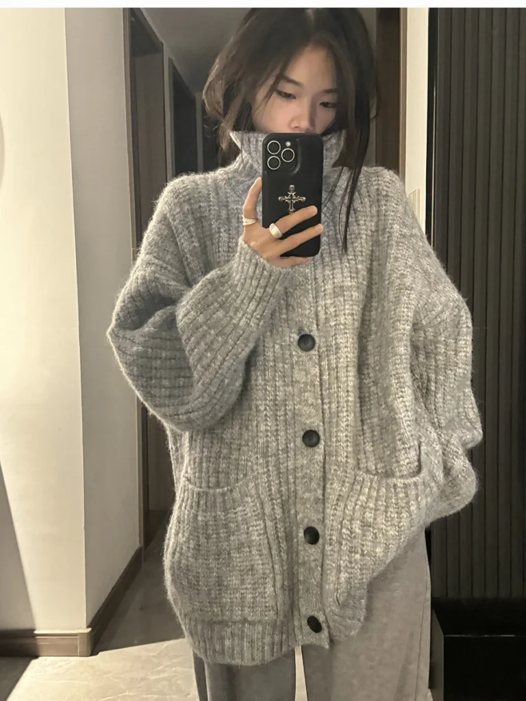 [FW26-018] Soft Light-Gray High-Collar Oversized Long Cardigan Sweater