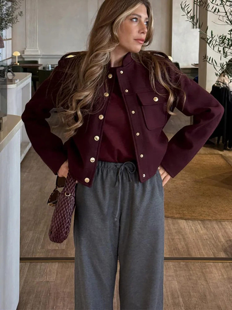 [FW26-023] HH 2024 Fashion Women Soft Tweed Bomber Jacket O-Neck Long Sleeve Pockets Buttons Loose Woolen Coat Female Str