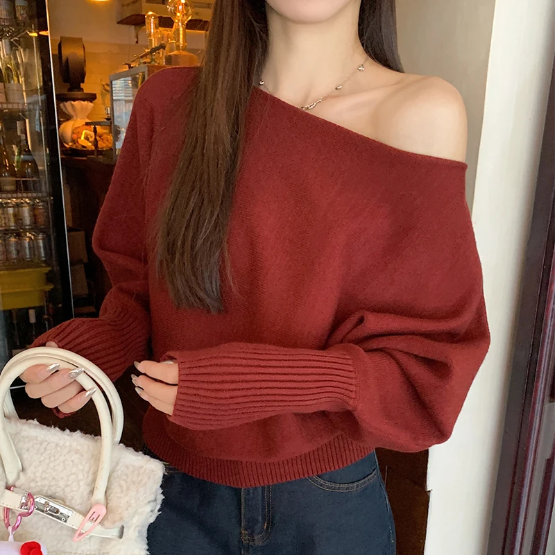 [FW26-001] Off Shoulder Knit Top for Women Slash Neck Rib-knit Batwing Sleeve Sweater Pullovers Autumn Winter Korean Fash