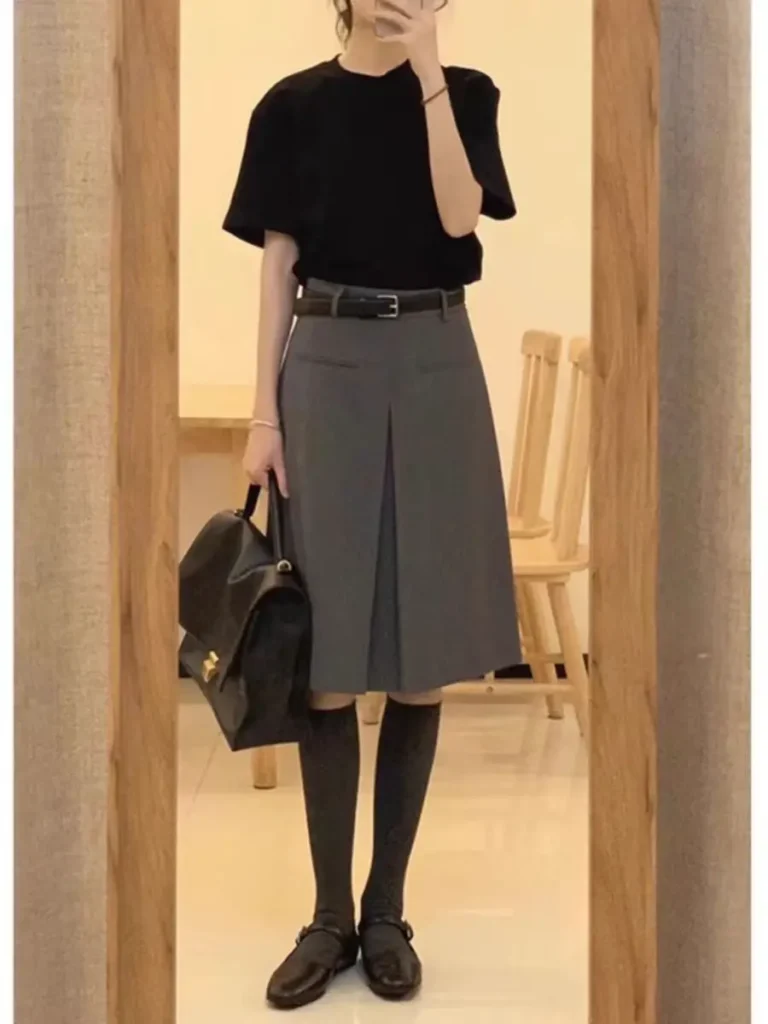 [FW26-047] Plus Size Gray High-Waist A-Line Midi Skirt