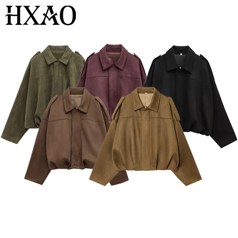 [FW26-014] Brown Oversized Faux-Suede Cropped Bomber Jacket