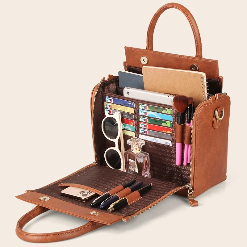 [FW26-010] Women Retro Brown Shoulder Tote Bag Large Capacity Multi Layer PU Leather Crossbody Commuter Handbag
