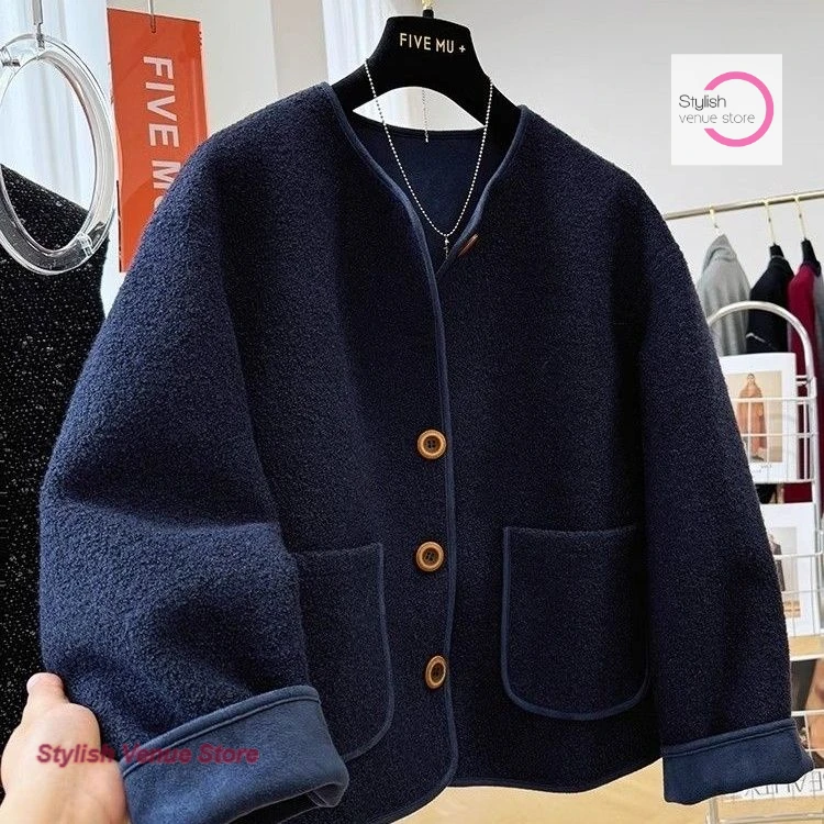 [FW26-044] Women's Navy Boucle Wool Cardigan Jacket with Contrast Piping and Patch Pockets