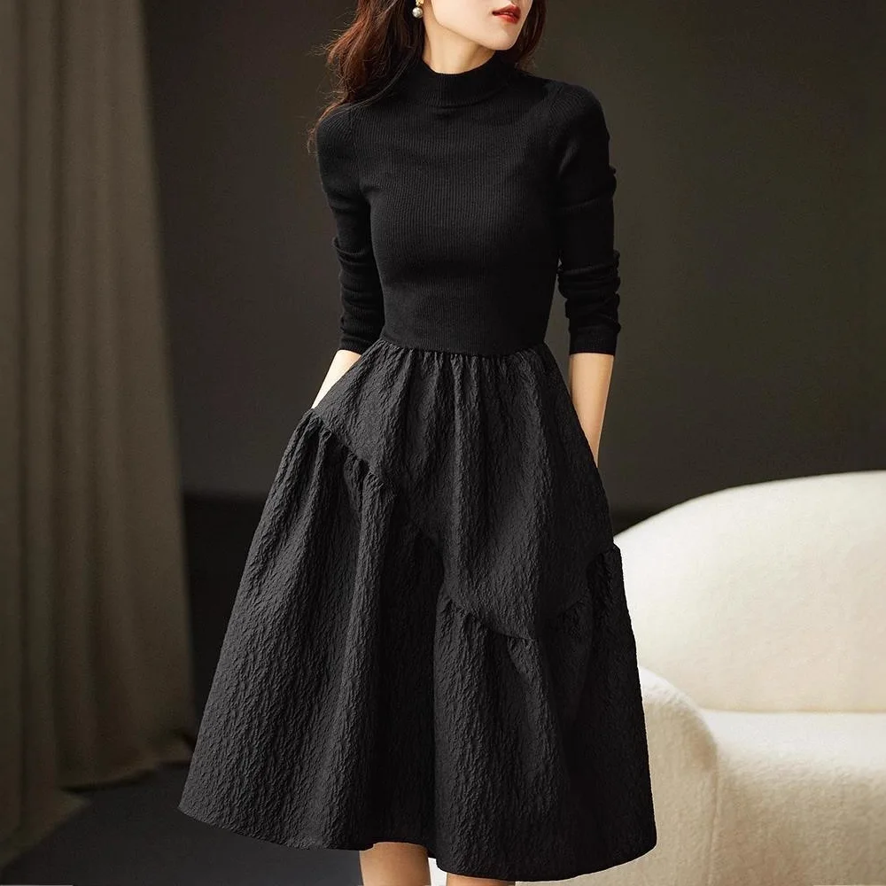 [FW26-046] Autumn Winter Textured Knit Long Sleeve Black Dress Slimming Puffy Skirt Dress High Waist British Style