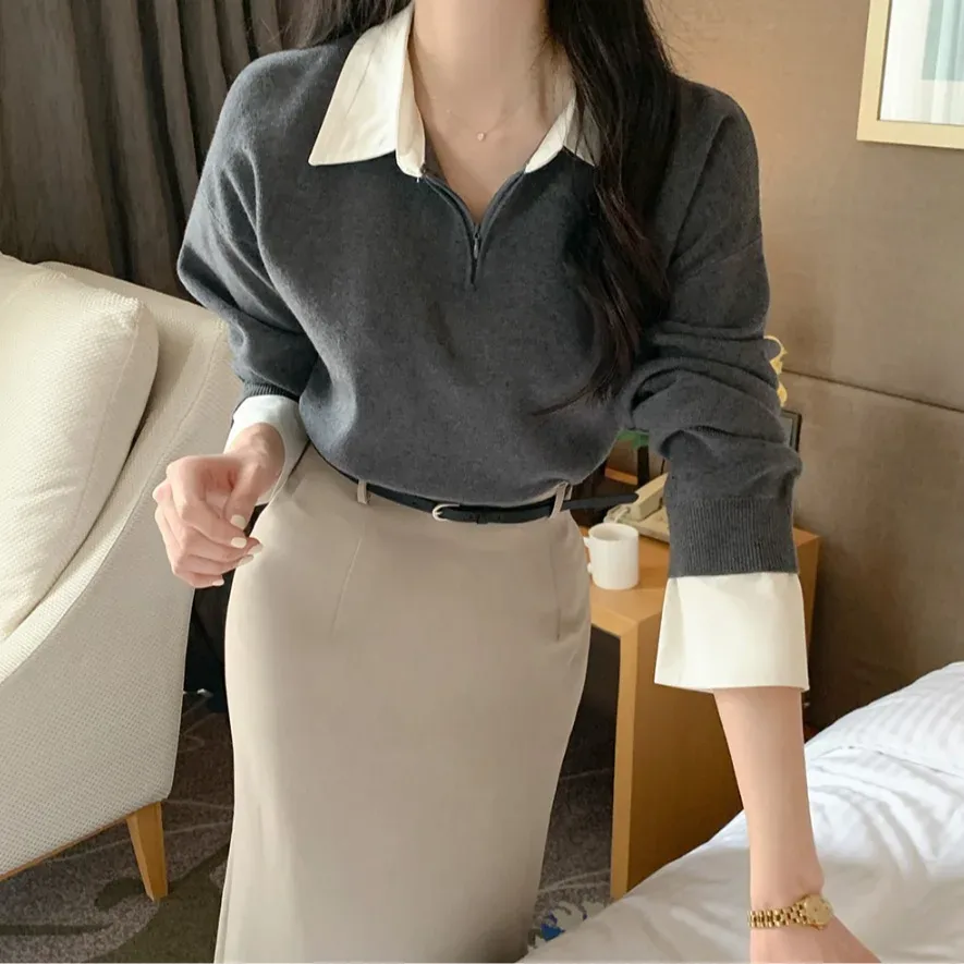 [FW26-037] Grey Stand Collar Half-Zip Sweater