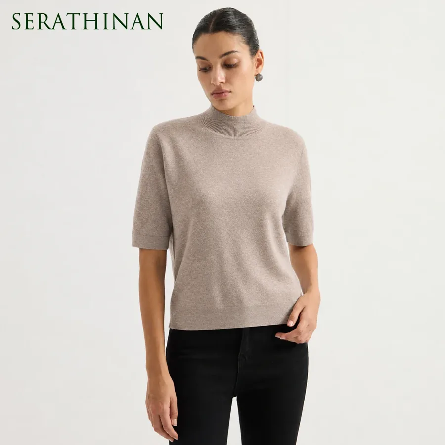 [FW26-048] Women's Mock Neck Knit Top Cashmere Blend Short Sleeve Sweater