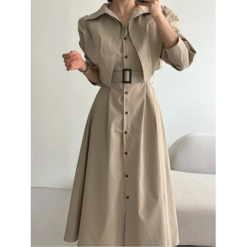 [FW26-052] Khaki Belted Shirt-Collar Dress
