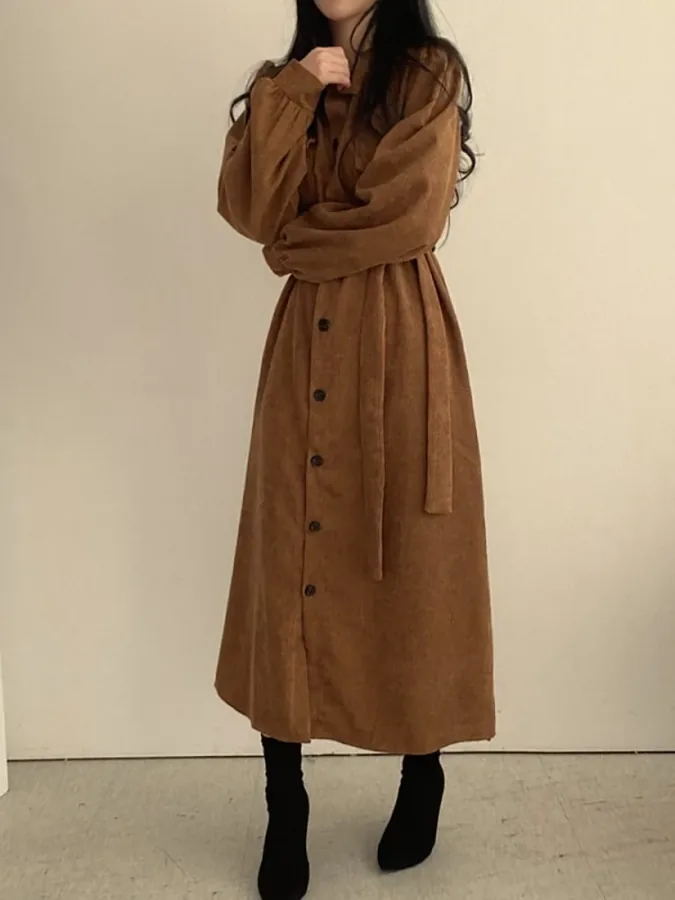 [FW26-054] Caramel Velvet Belted Dress