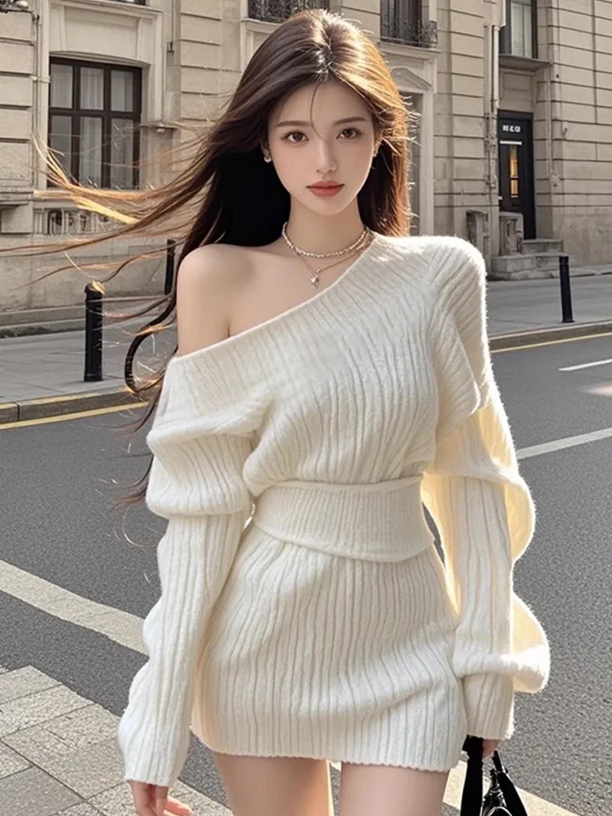 [FW26-056] Ivory Off-Shoulder Sweater Dress