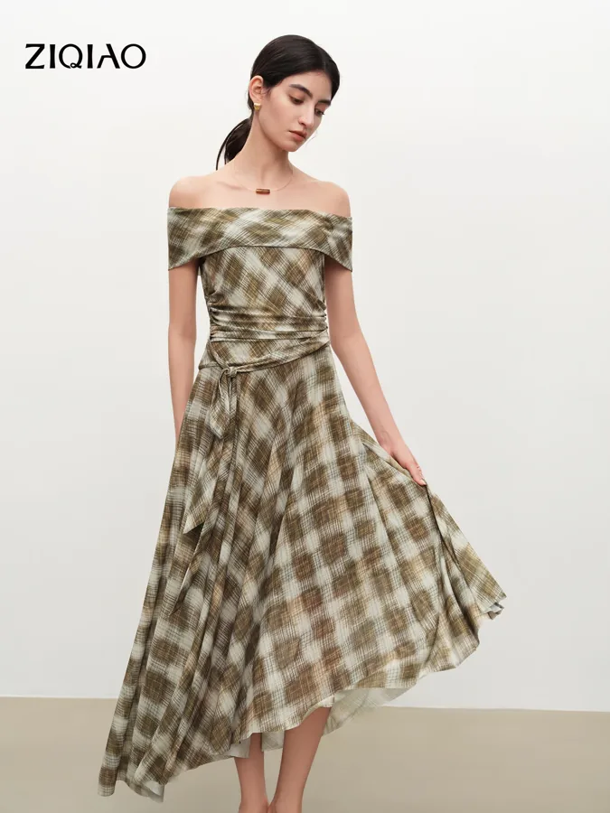 [FW26-083] ZIQIAO Plaid Mesh One Shoulder Asymmetrical