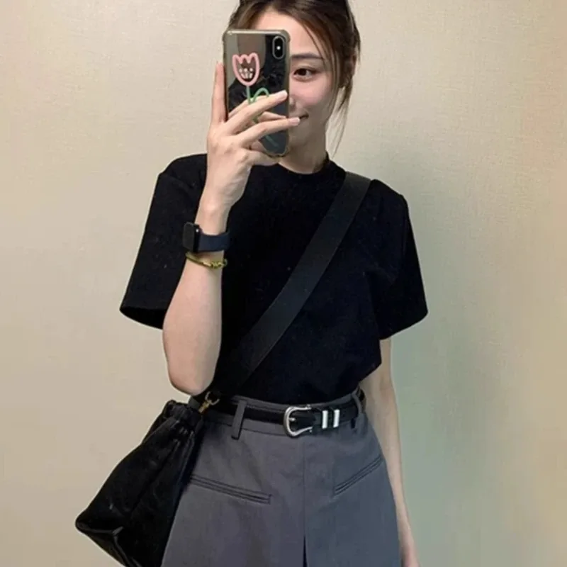 [FW26-095] Retro Black Short-Sleeved T-Shirt Pure Cotton Inner Bottoming