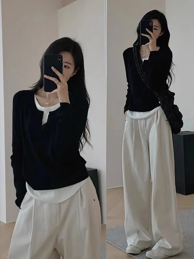 [FW26-100] Slim Fit Long Sleeve T-Shirt Irregular Splicing Base Layer