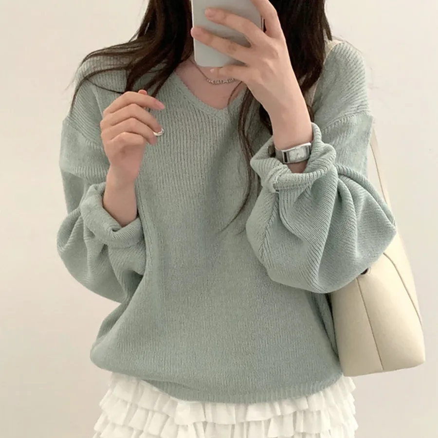[FW26-101] Loose Knitwear V-Neck Pullover Sweater Chic Simple Versatile