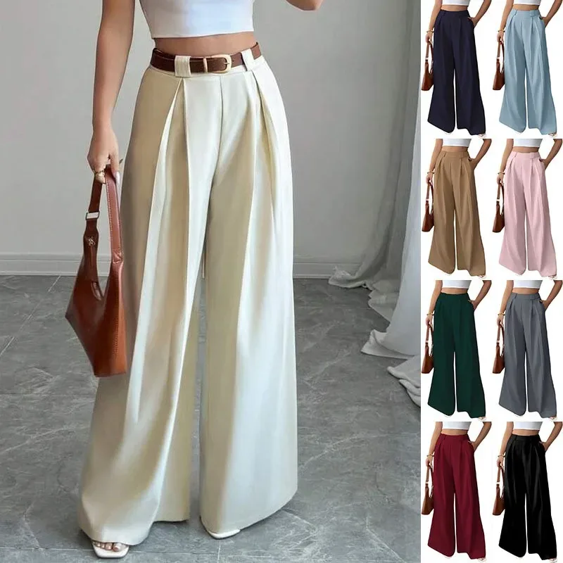 [FW26-102] Women Pants High Waist Pleated Front Trousers Solid Color Full