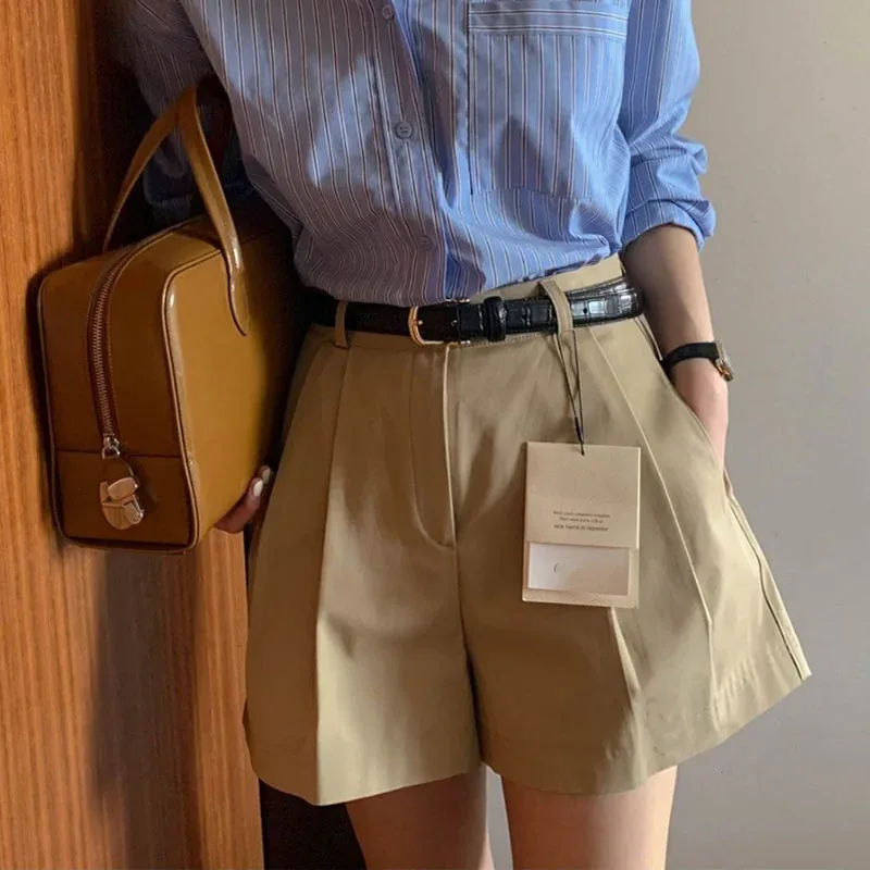 [FW26-106] High Waist Straight Leg Khaki Shorts Style Versatile Slimming
