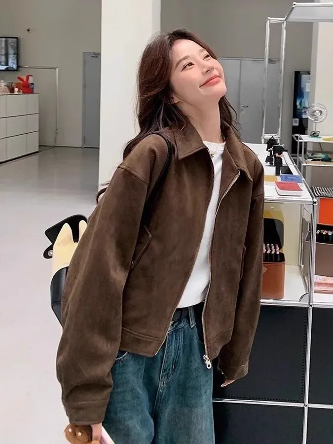 [FW26-110] Retro Style Short Suede Jacket Coffee Color Coat Zipper Pocket