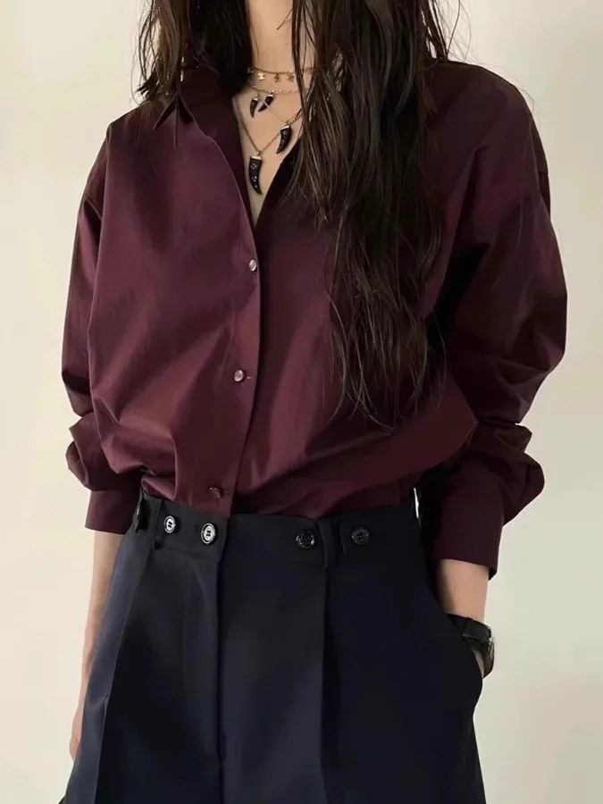 [FW26-113] Retro Collar Long Sleeve Shirt Style Wine Red Commute