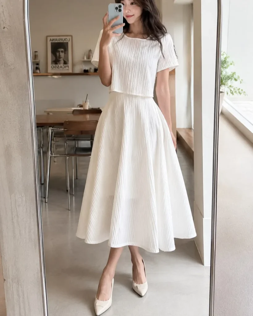 [FW26-049] Elegant White Midi Dress for a Soft Summer