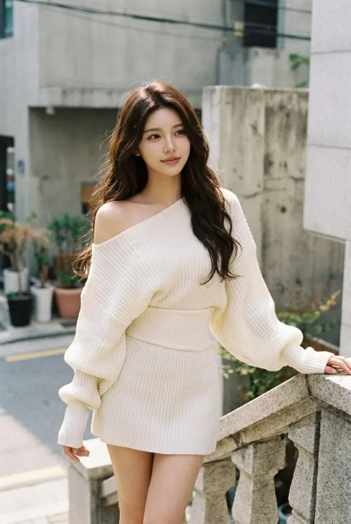 [FW26-056] Ivory Off-Shoulder Dolman Sleeve Sweater Dress