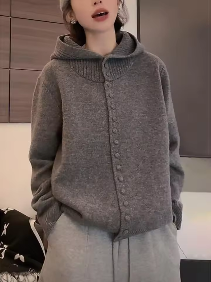 [FW26-045] Gray hooded knitted sweater cardigan, loose warm autumn-winter fit