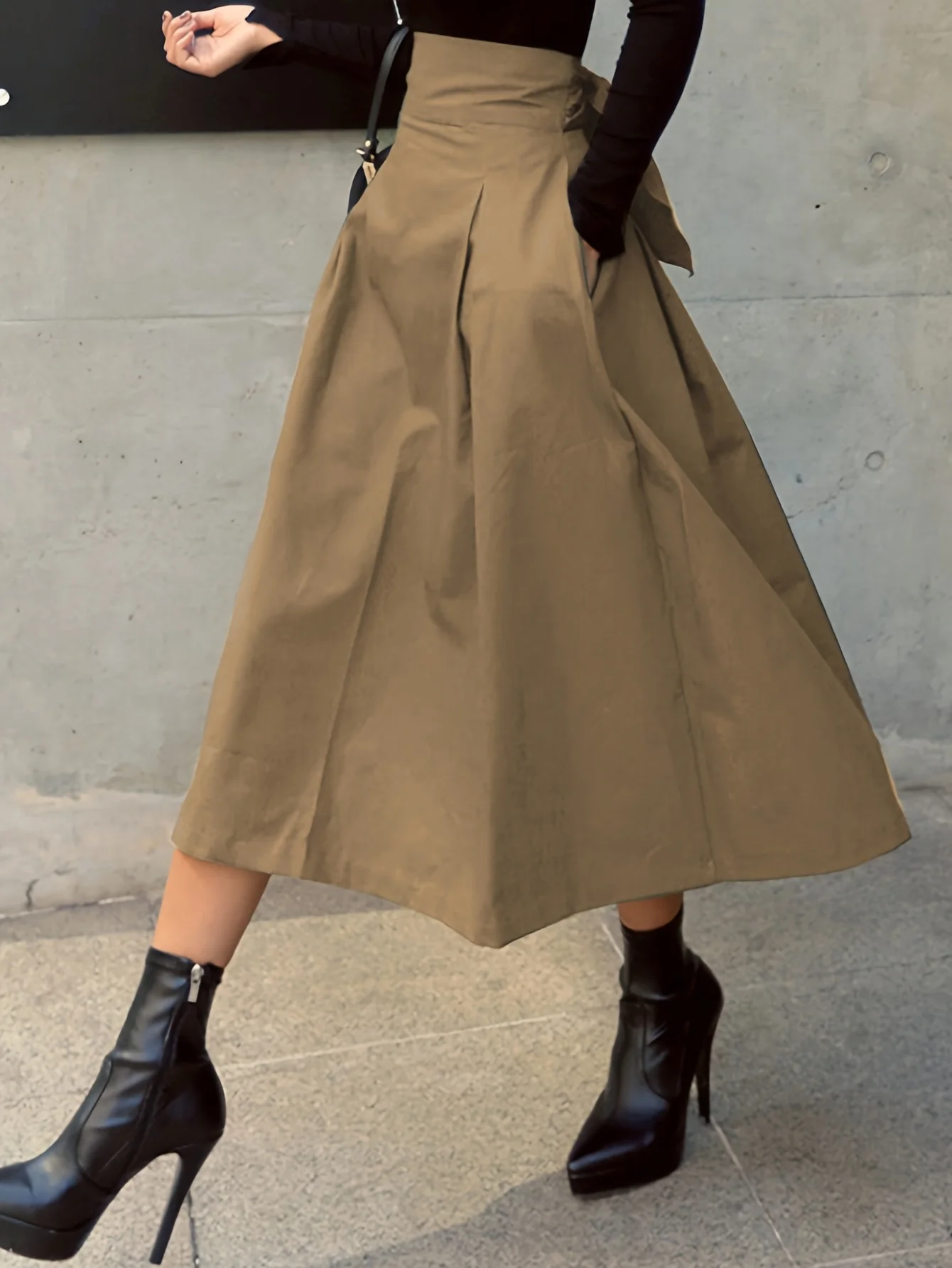 Khaki Belted A-Line Midi Skirt