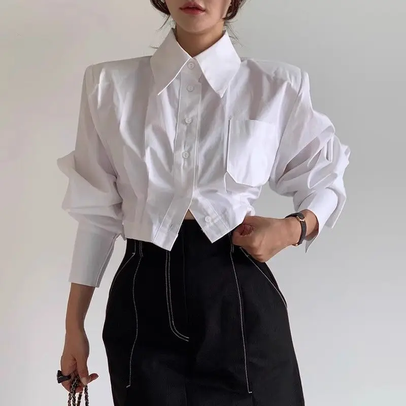 [FW26-004] Spring Autumn New Fashion Turn-down Collar Long Sleeve Solid Color Blouses Women's Clothing Back Hollow Out Ko