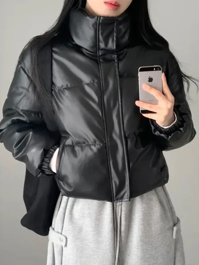 [FW26-109] Chic Thiened High Collar Zipper Ort Pu Leather Bread Sle Cotton
