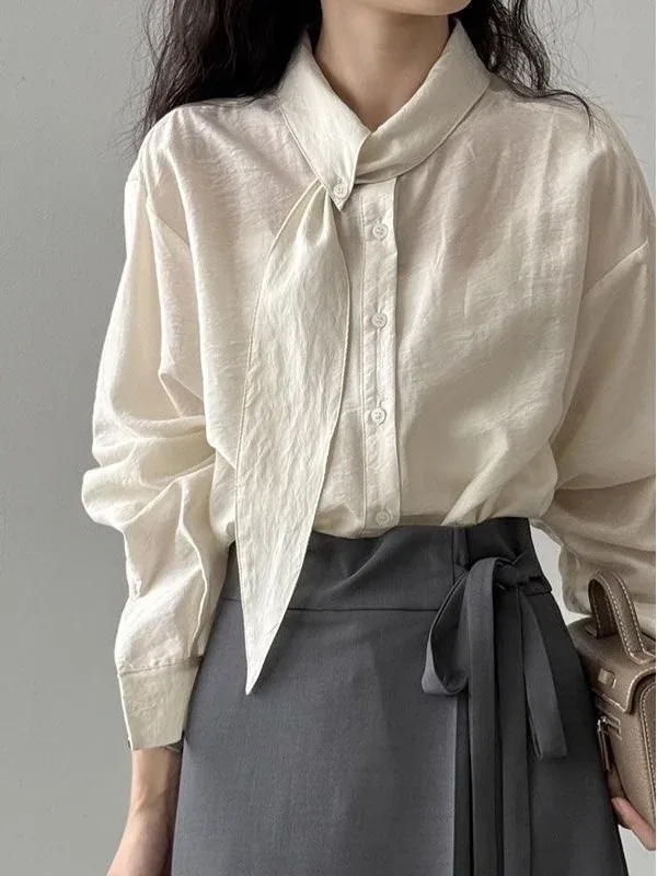 [FW26-116] Long Sleeve Shirt Design Scarf Collar Loose Commute Small Shirt