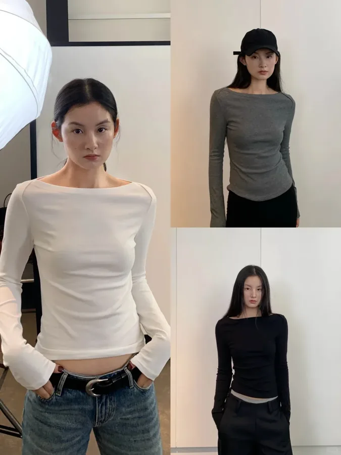 [FW26-118] Basic Boat Neck Long Sleeve T-Shirt Skeleton Inner Wear Short