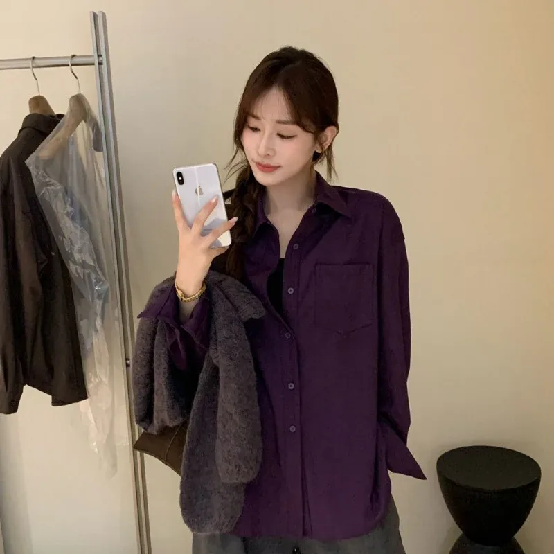 [FW26-119] Long Sleeve Polo Collar Purple Office Work Shirt Solid Color
