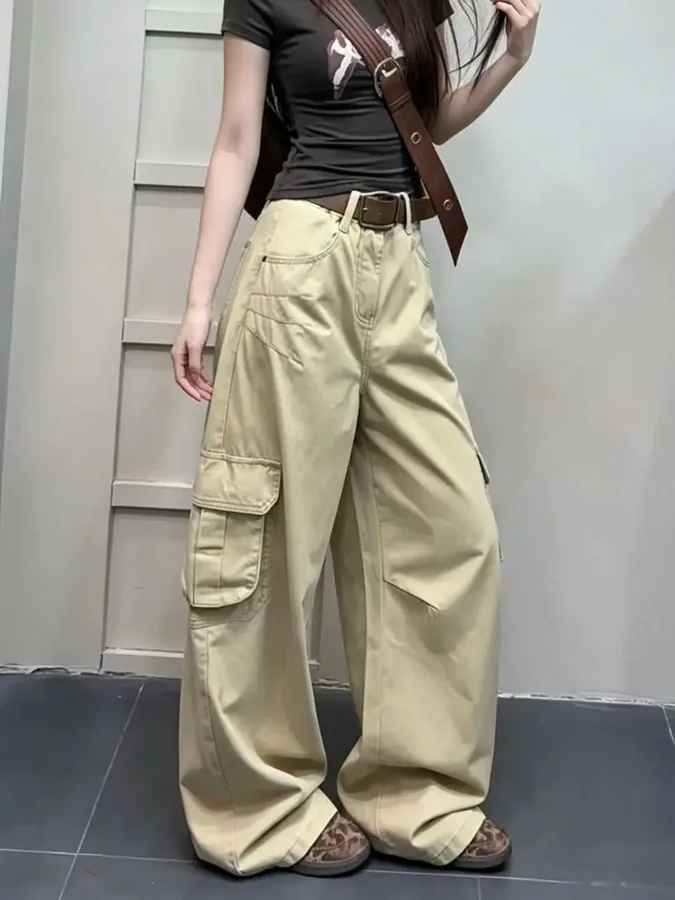 [FW26-122] American Retro Khaki Women Jeans High Waist Loose Slim Woman