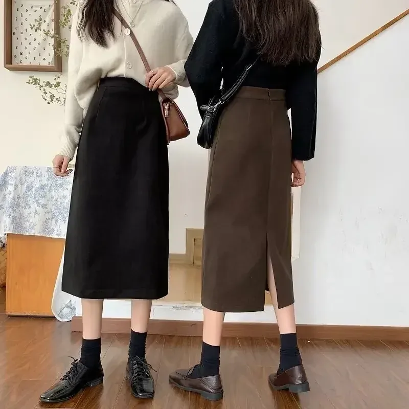 [FW26-126] Women Woolen Midi Skirt High Waist Hip‑Hiding Slim Design