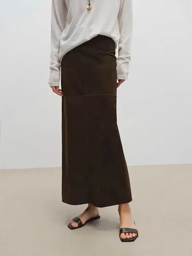 [FW26-127] High Grade Sheepskin Suede Leather Long Skirt 80Cm For Women