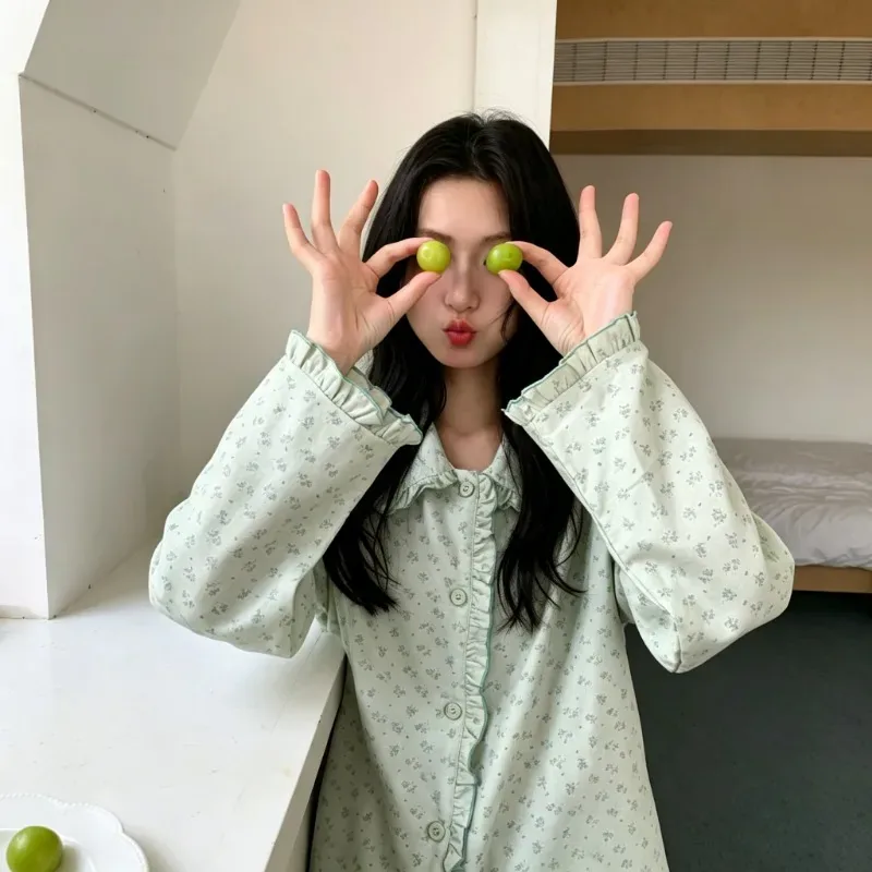 [FW26-134] Women Floral Print Pajama Set Long Sleeve Button Down Sleepwear