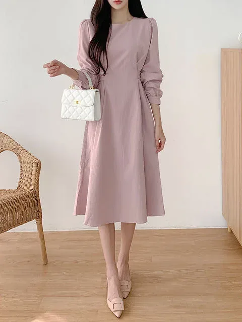[FW26-135] Elegant Autumnal Dress With Bubble Sleeves Waist-Cinching