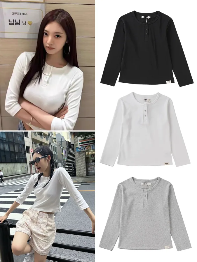 [FW26-137] Slim Fit T-Shirt Button Up Henry Collar 7/8 Sleeve Cotton