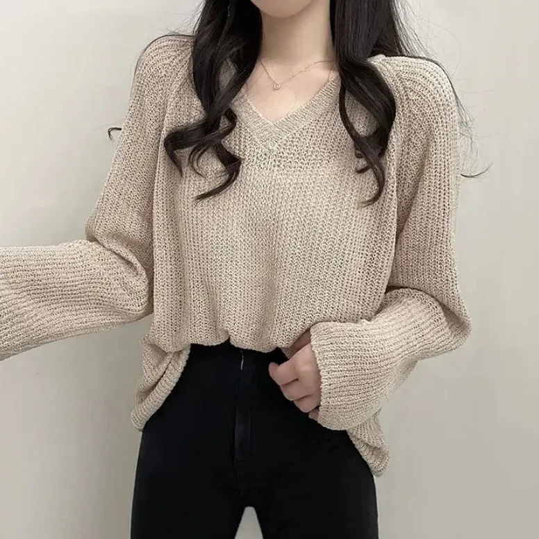 [FW26-139] Chic Casual Loose V-Neck Knitwear Long Sleeve Top Sun