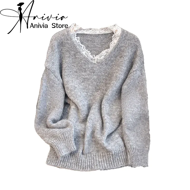 [FW26-144] Lace V-Neck Sweater Long Sleeved Y2K Korean Harajuku College