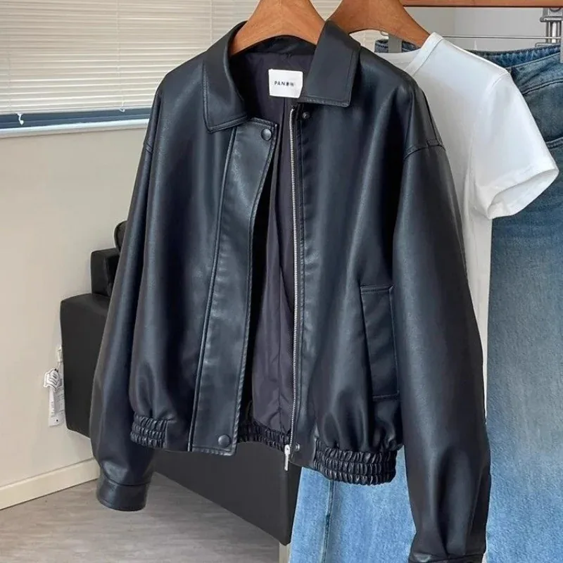 [FW26-145] Women Black Pu Leather Jacket Girls Fall Vintage Trendy