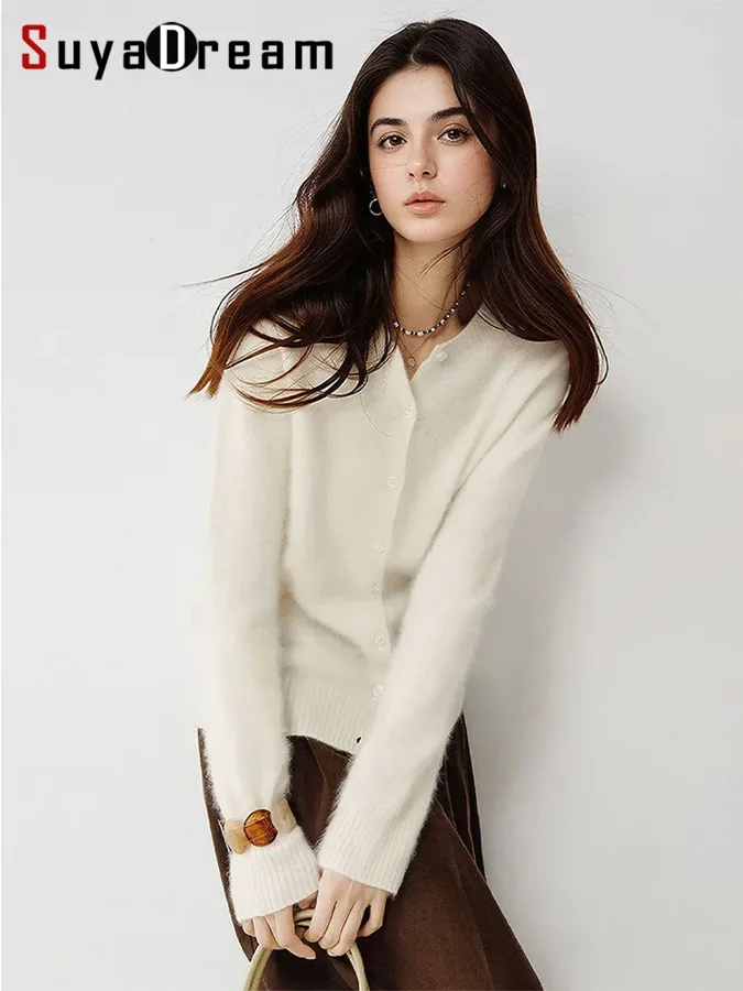 [FW26-150] Suyadream, Brushed Wool Knitted Cardigan Crew Neck Long Sleeve