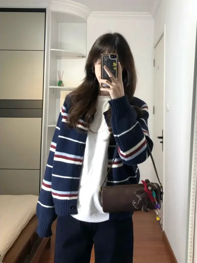 [FW26-155] Retro Striped Knit Sweater Loose Fit Versatile Slimming Open